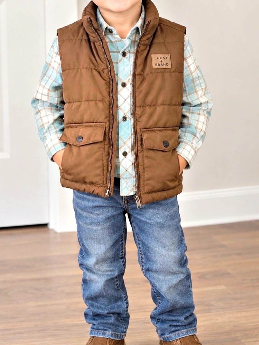 Lucky Brand Kids Brown Plaid-Look Vest Set